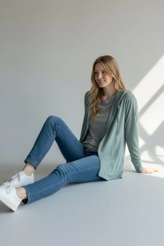 Side profile of Trasaga Transit Air-Cotton hoodie in sage green studio setting