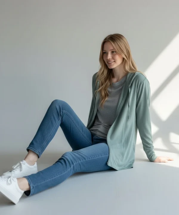 Side profile of Trasaga Transit Air-Cotton hoodie in sage green studio setting