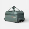 Trasaga Odessy teal trolley duffle bag side view with dual wheels and reinforced base