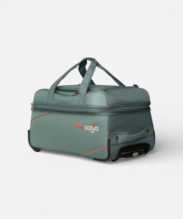 Trasaga Odessy teal trolley duffle bag side view with dual wheels and reinforced base