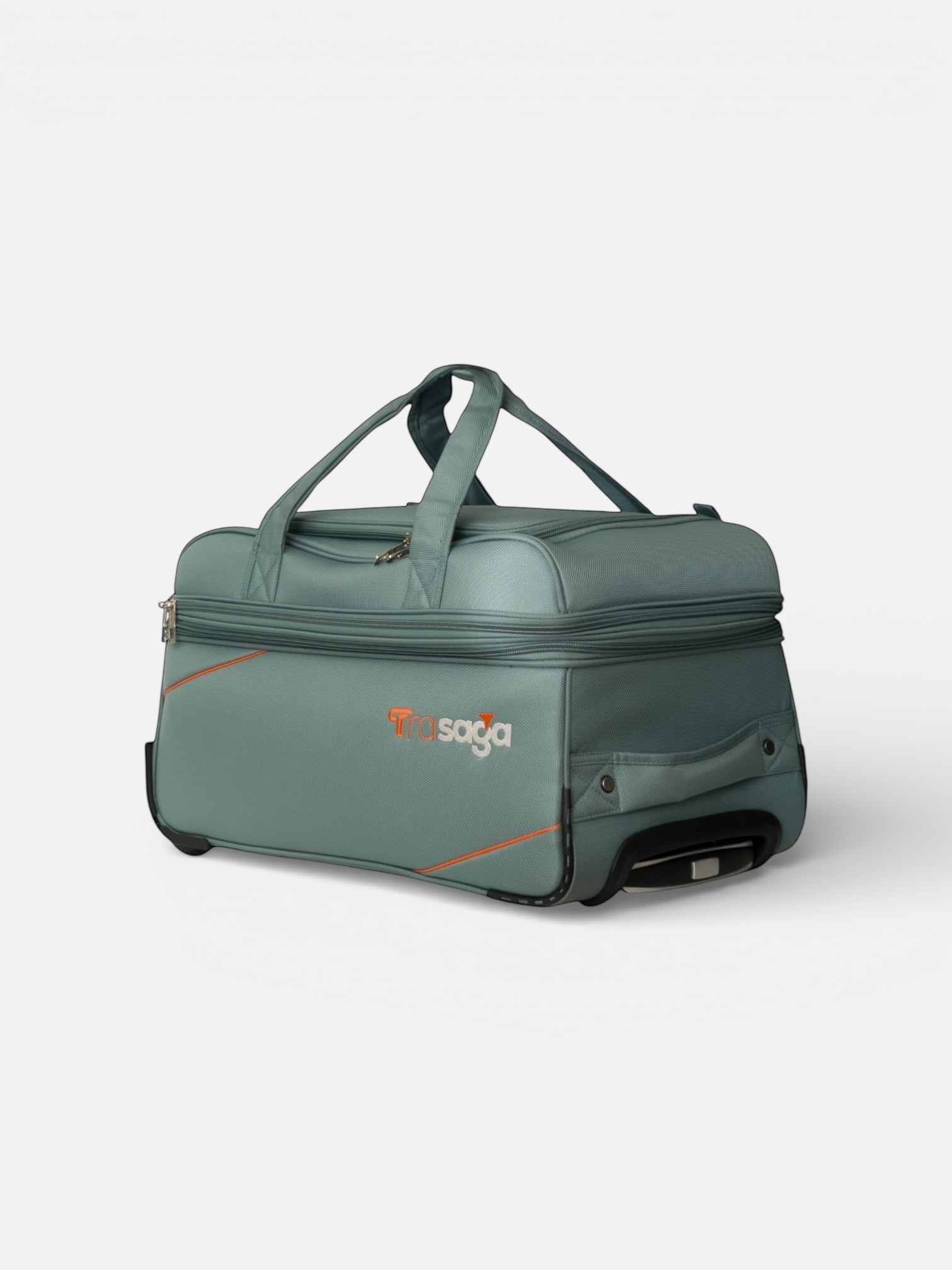 Trasaga Odessy teal trolley duffle bag side view with dual wheels and reinforced base