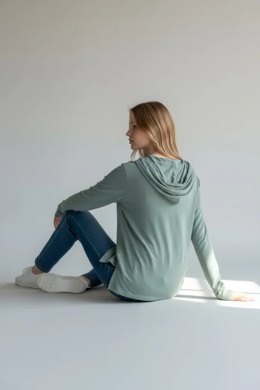 Back view of Trasaga Transit Air-Cotton hoodie in sage green showing hood and tunic length