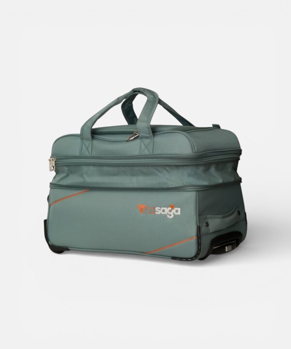Trasaga Odessy teal duffle bag showing expandable zipper compartment