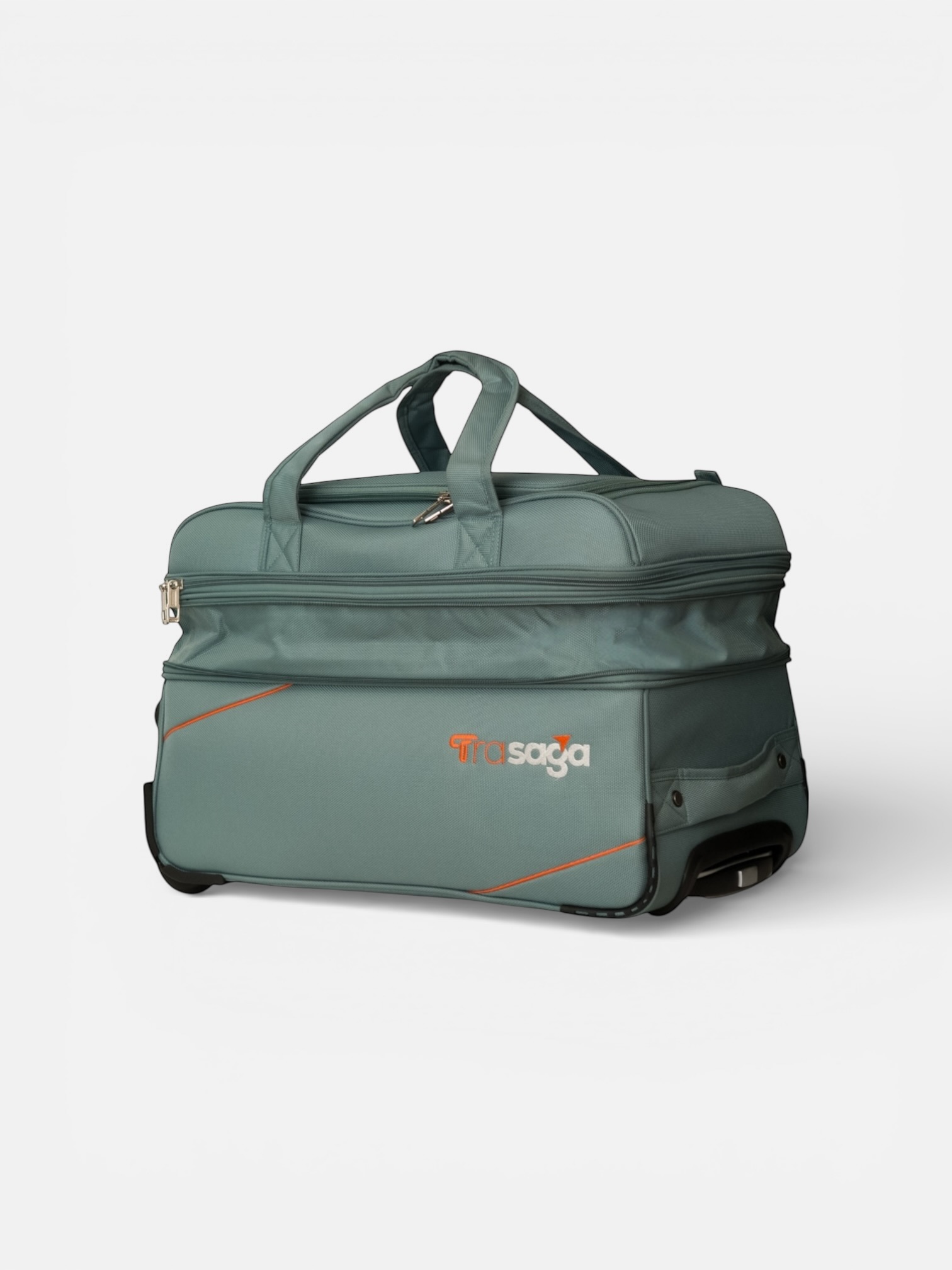 Trasaga Odessy teal duffle bag showing expandable zipper compartment