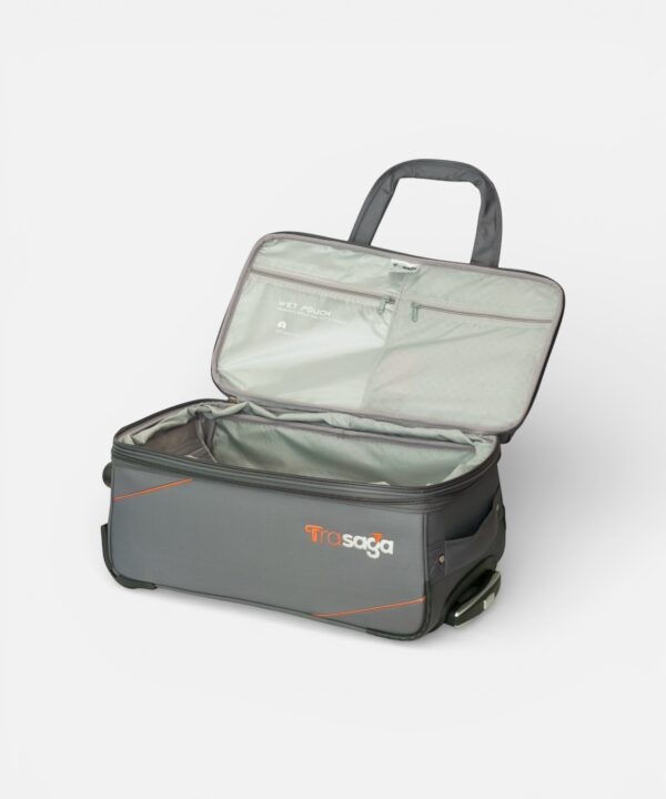 Trasaga Odessy grey trolley duffle bag open showing wet pouch and inner compartments