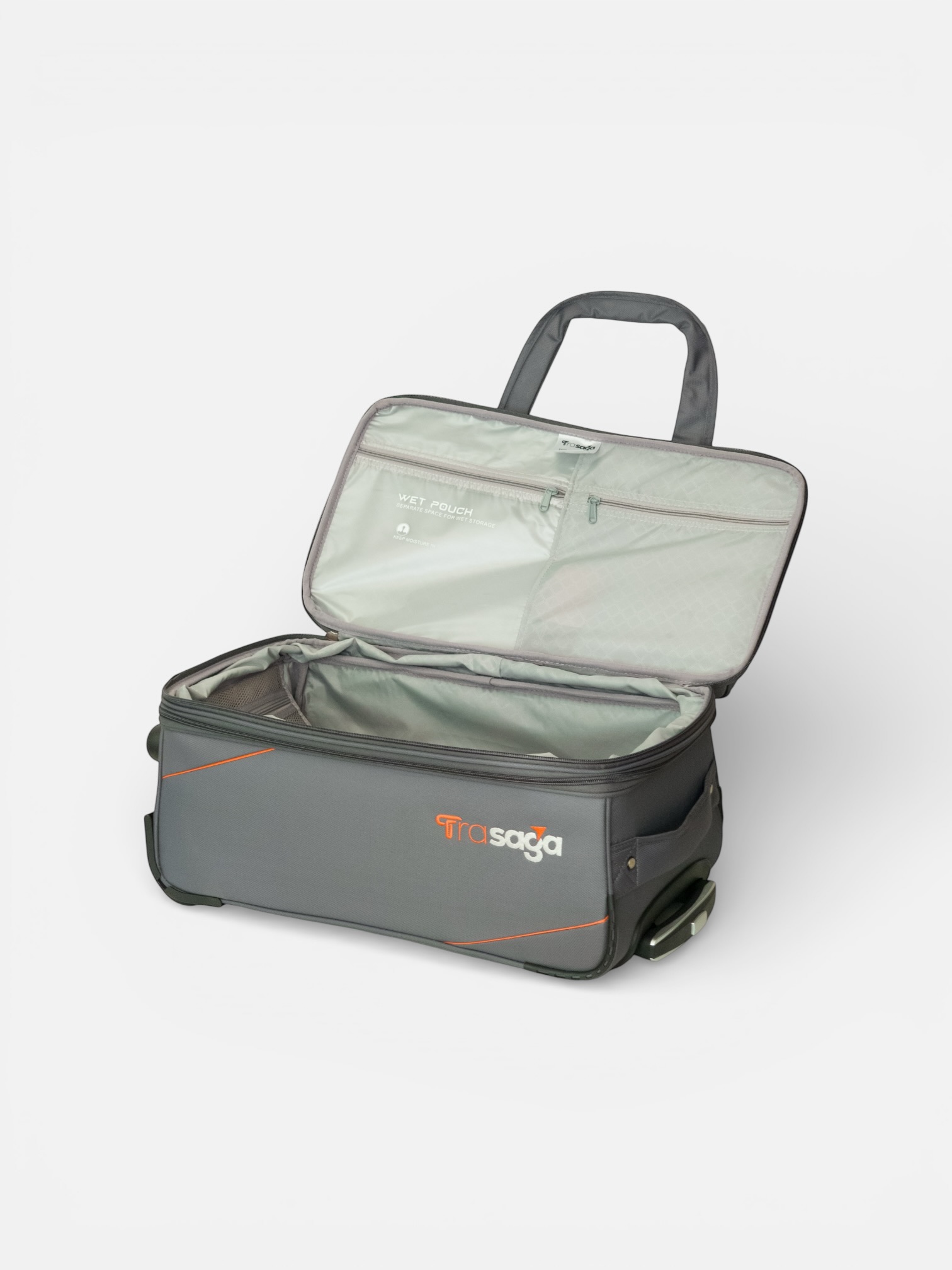 Trasaga Odessy grey trolley duffle bag open showing wet pouch and inner compartments