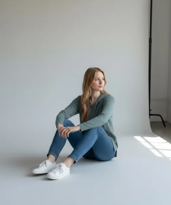 Model wearing Trasaga Transit Air-Cotton hoodie in sage green seated front view