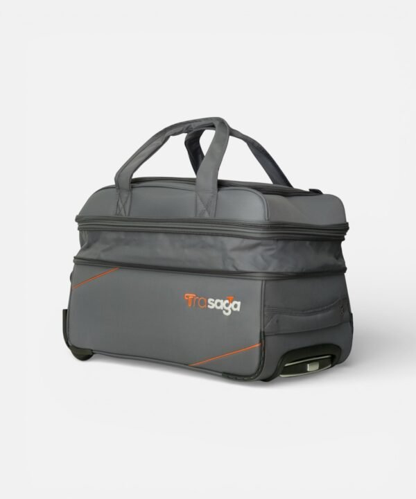 Trasaga Odessy grey trolley duffle bag expander view with dual wheels and reinforced base