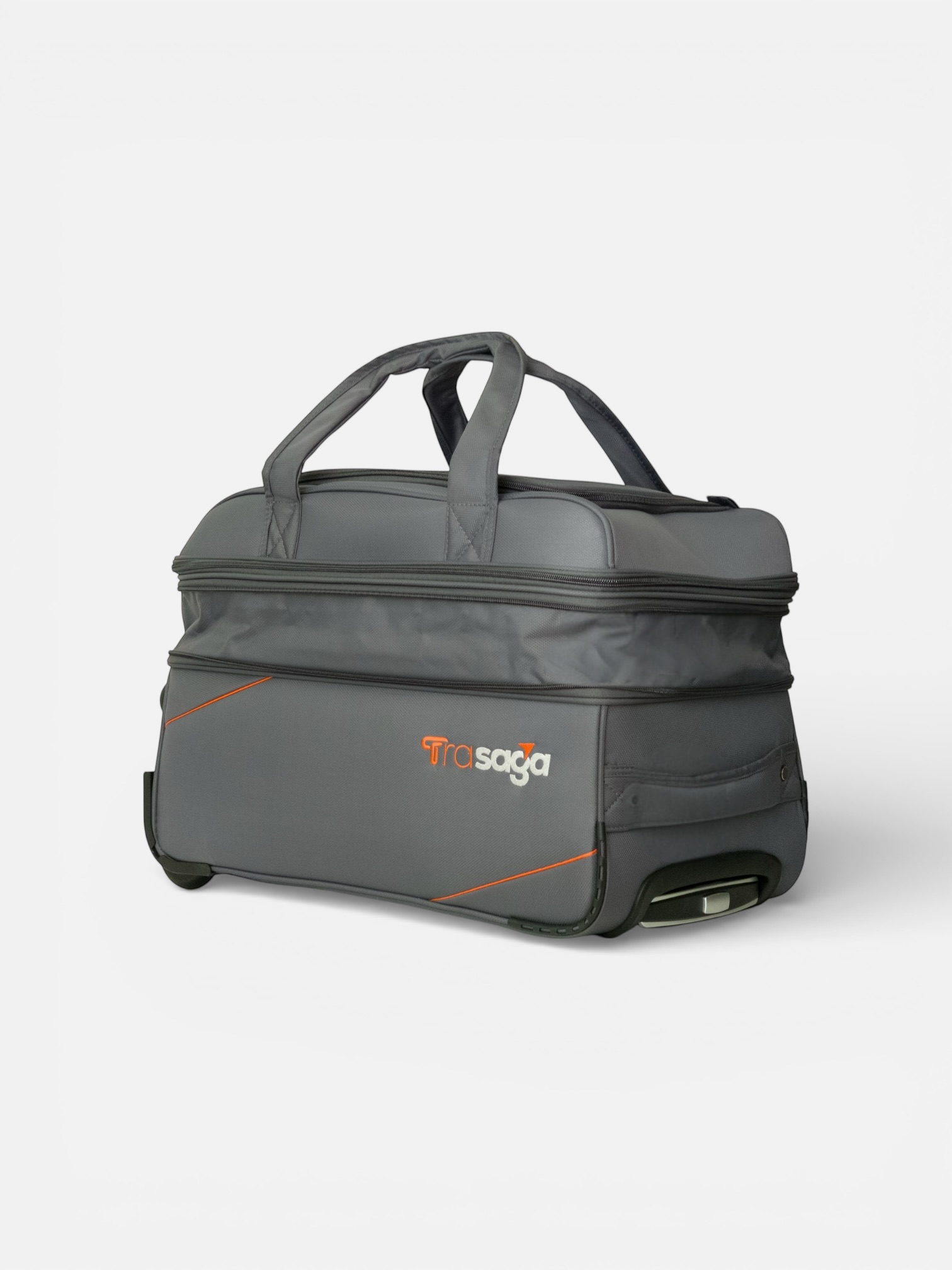 Trasaga Odessy grey trolley duffle bag expander view with dual wheels and reinforced base
