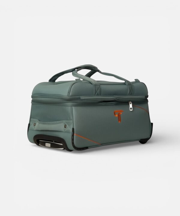 Trasaga Odessy teal trolley duffle bag three quarter angle with premium detailing
