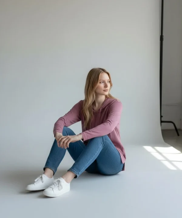 Side view of model wearing Trasaga Transit Air-Cotton hoodie in rose