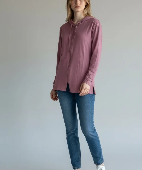Full length front view of Trasaga Transit Air-Cotton hoodie in rose