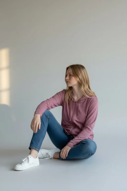 Model wearing Trasaga Transit Air-Cotton hoodie in rose color seated studio view