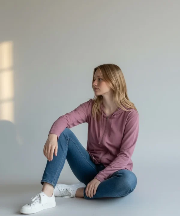 Model wearing Trasaga Transit Air-Cotton hoodie in rose color seated studio view