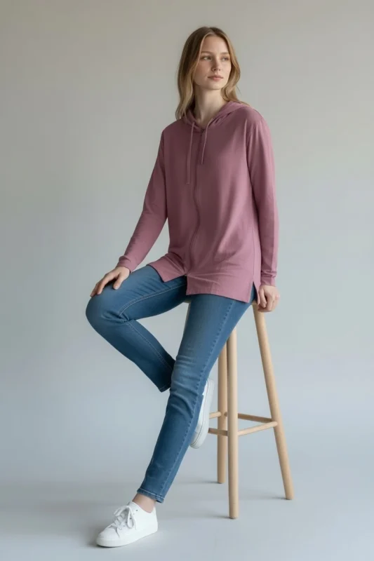 Model sitting on stool wearing Trasaga Transit Air-Cotton hoodie in rose