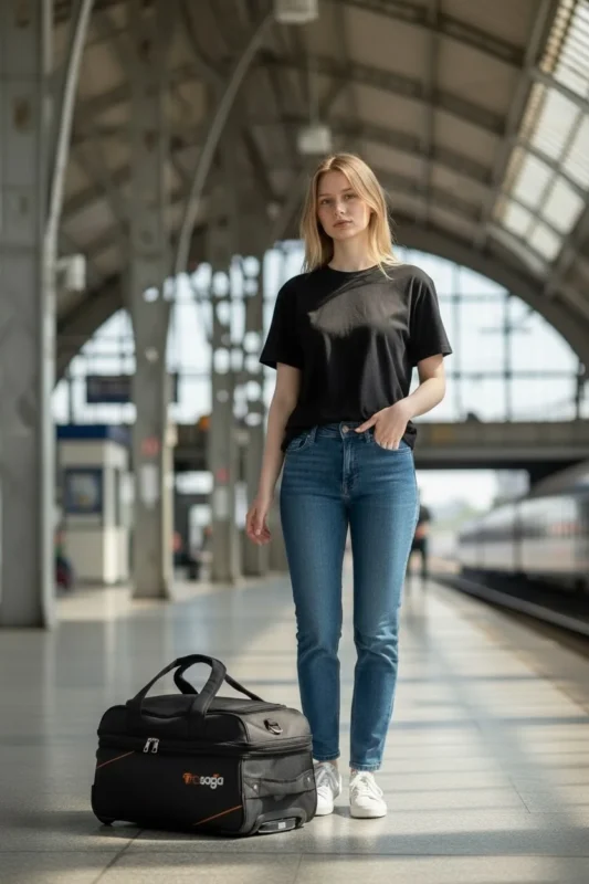 Trasaga expandable trolley duffle bag placed in airport travel setting