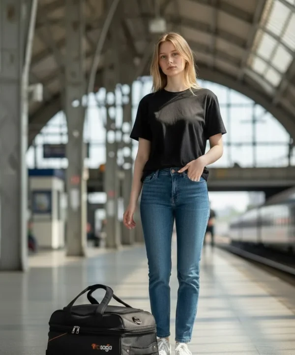 Trasaga expandable trolley duffle bag placed in airport travel setting