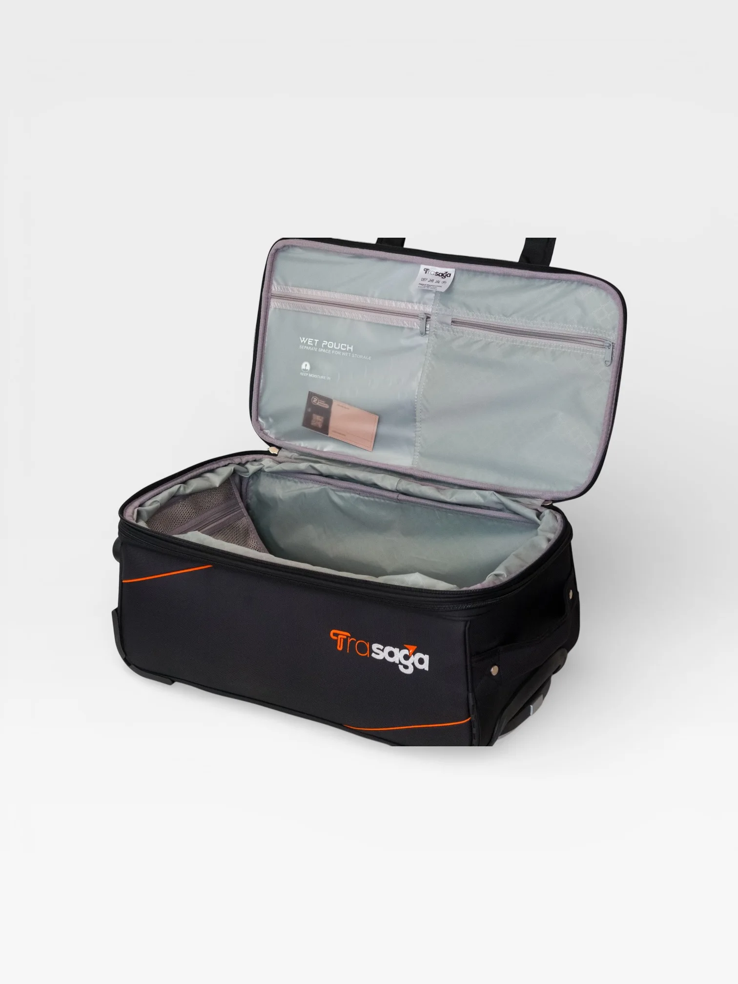Interior view of Trasaga expandable trolley duffle bag with wet pouch storage