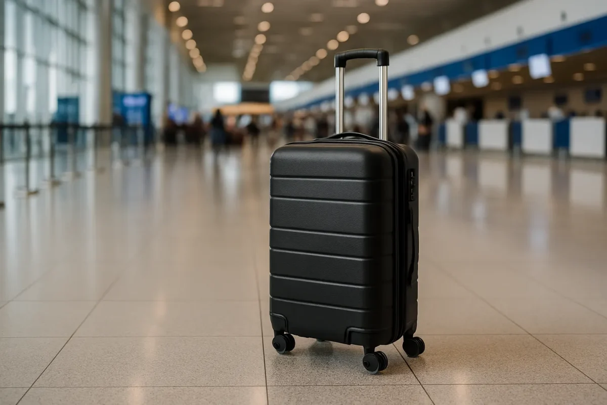 A 4 wheel trolley inside a airport
