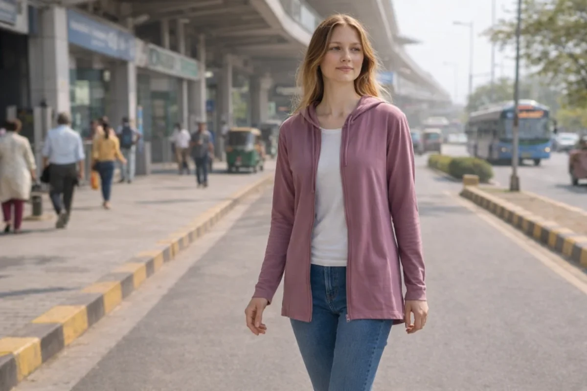 Urban commute scene:
woman walking in bright sunlight
wearing long sleeves or shrug
city background (Indian street / metro station)