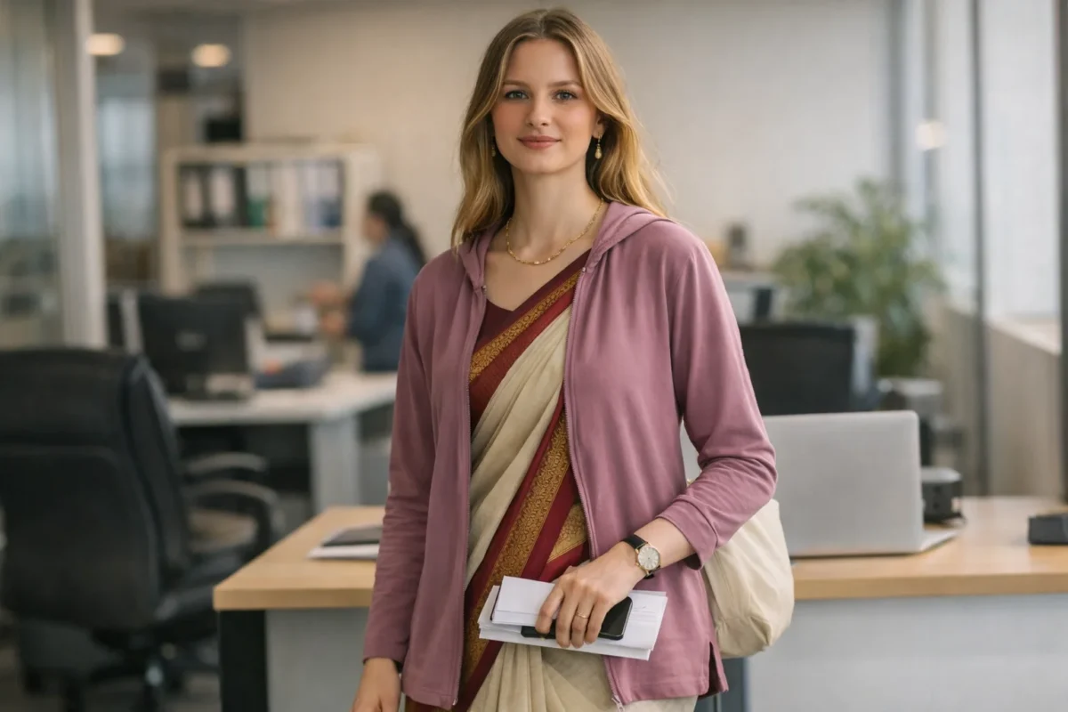 Indian working woman wearing breathable cotton shrug over saree for summer office commute