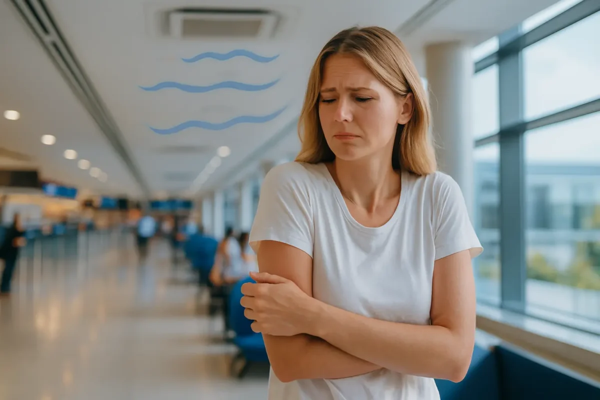 Woman feeling cold inside AC office wearing only cotton t-shirt
