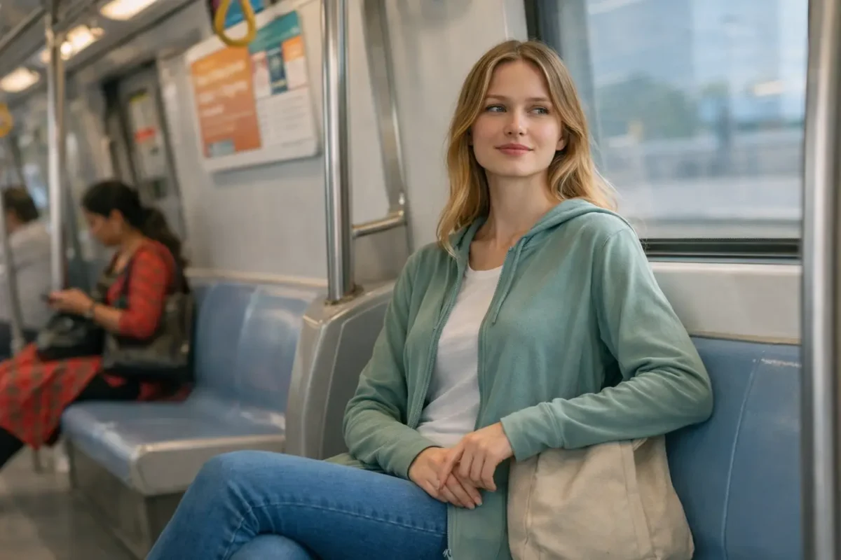 Woman wearing breathable shrug for outside sun protection and protection from chill air inside metro